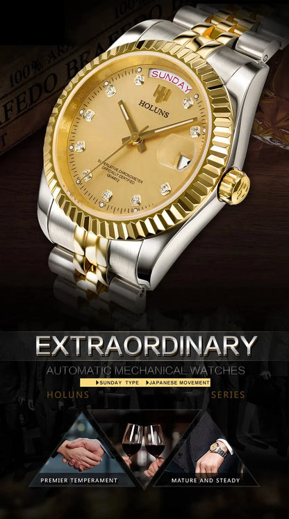 Relojes de hombre Holuns Luxury Classic de 36/41 mm en oro, con movimiento de cuarzo MIYOTA de Japón, de acero inoxidable, reloj de pulsera clásico de negocios, resistente al agua