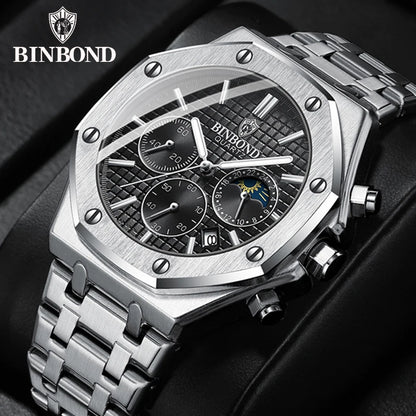 Montre-bracelet à quartz BINBOND pour homme, chronographe de luxe luminescent, en acier inoxydable, étanche, avec date et calendrier