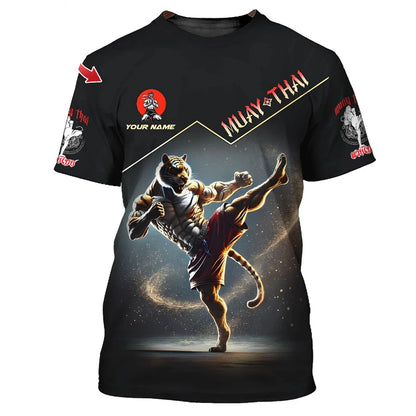 Tricou grafic Muay Thai nou și modern pentru bărbați, cu imprimeu 3D tigru și dragon, design expresiv și nume personalizat, tricou de vară pentru sală și fitness