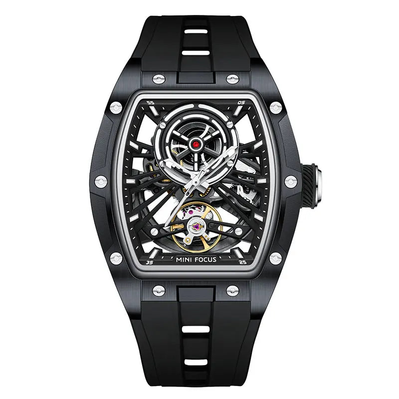 Reloj de pulsera MINI FOCUS para hombre, negro, a la moda, resistente al agua, mecánico automático, con manecillas luminosas, correa de silicona y esfera tonneau