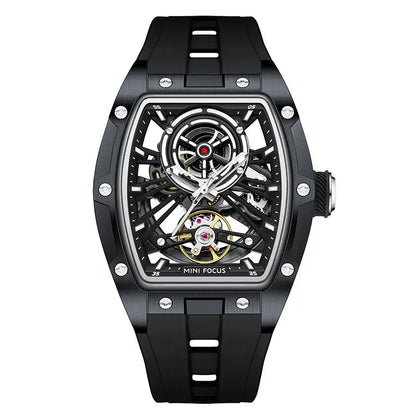 Reloj de pulsera MINI FOCUS para hombre, negro, a la moda, resistente al agua, mecánico automático, con manecillas luminosas, correa de silicona y esfera tonneau