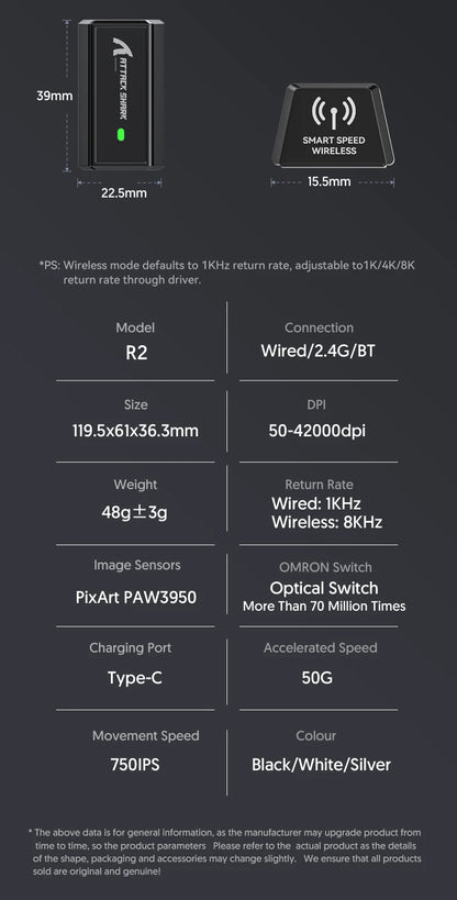 Attack Shark R2 Gaming Wireless Mouse PAW3950 8K Magnesium Alloy Lightweight Gaming Mouse Bluetooth Tri-Mode for Gaming/Office
