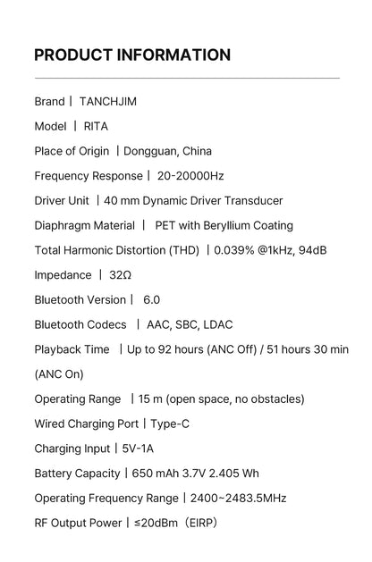 TANCHJIM RITA HiFi Bluetooth Headset Wireless/Wired LDAC ANC・ENC 40mm DMT5 Dynamic Driver Bluetooth 6.0 + 3.5mm Gaming Over-Ear
