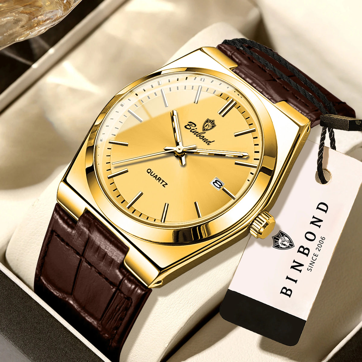 Relógio de pulso de luxo BINBOND com movimento de quartzo para homem – Impermeável, luminoso, com data automática – Estilo profissional, desportivo, moderno e descontraído – Pulseira em pele