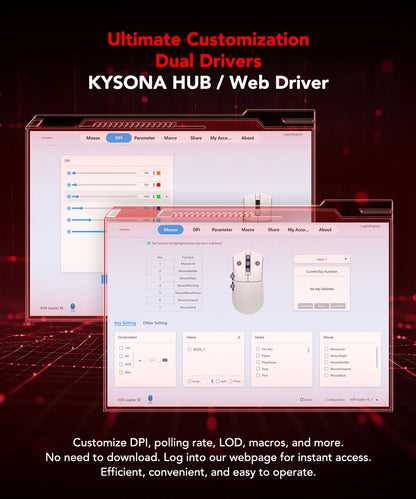 KYSONA Jupiter Series Gaming Mouse  Wired Wireless Mice 8Khz PAW3950 Sensor  Bluetooth 46g Rechargeable Web Driver For PC laptop