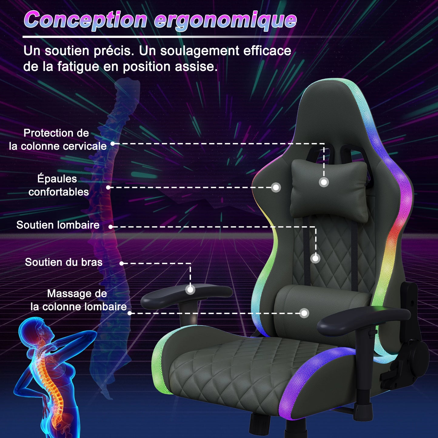Fangange Gaming Chair with Massage Function, Adjustable backrest,Computer Chair,with ambient light,Lumbar Cushion, Pillow,150 KG