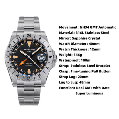 SEESTERN GMT Retro Watch for Men NH34 Automatic Movement Mechanical Wristwatches Sapphire Crystal Fine-tuning Pull Button S436