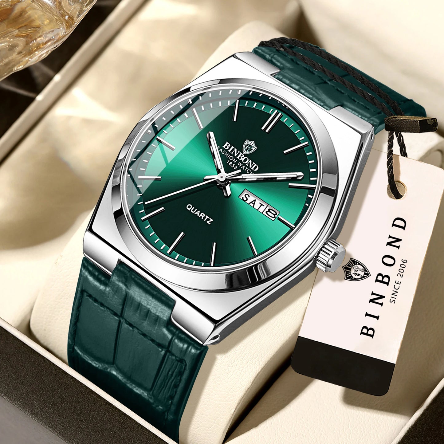 BINBOND Luxury leather strap quartz wristwatches precise luminous waterproof auto date week display durable men's watch reloj