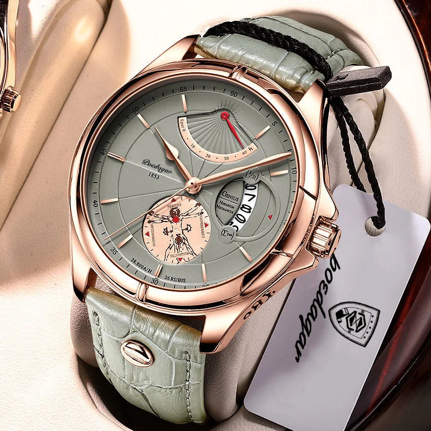 Orologio da polso al quarzo POEDAGAR da uomo – Stile business, di lusso, impermeabile, luminescente, con datario e cinturino in pelle – Elegante orologio da uomo
