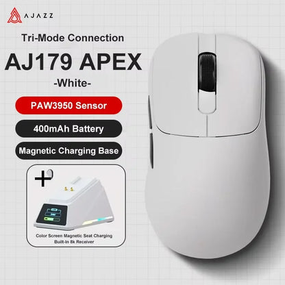 Ajazz AJ179 APEX Wireless Gaming Mouse with Color Screen Base, Bluetooth, PAW3395, 400mAh Battery, 8000Hz Refresh Rate
