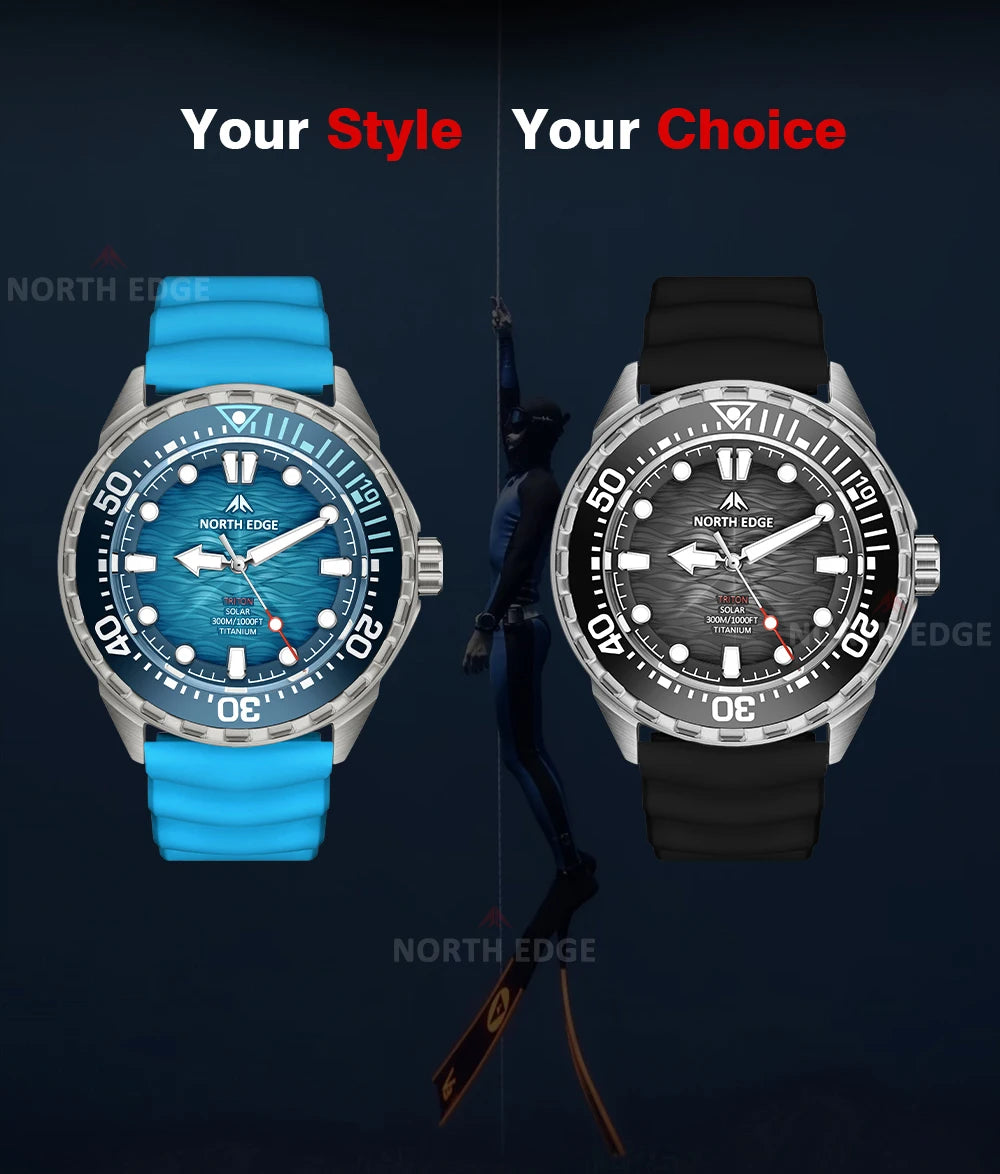NORTH EDGE NEW+ TRITON-TI Titanium Solar-Powered Diving Watch Luxury Quartz Watches for Men 300M Waterproof 180+ Day Power