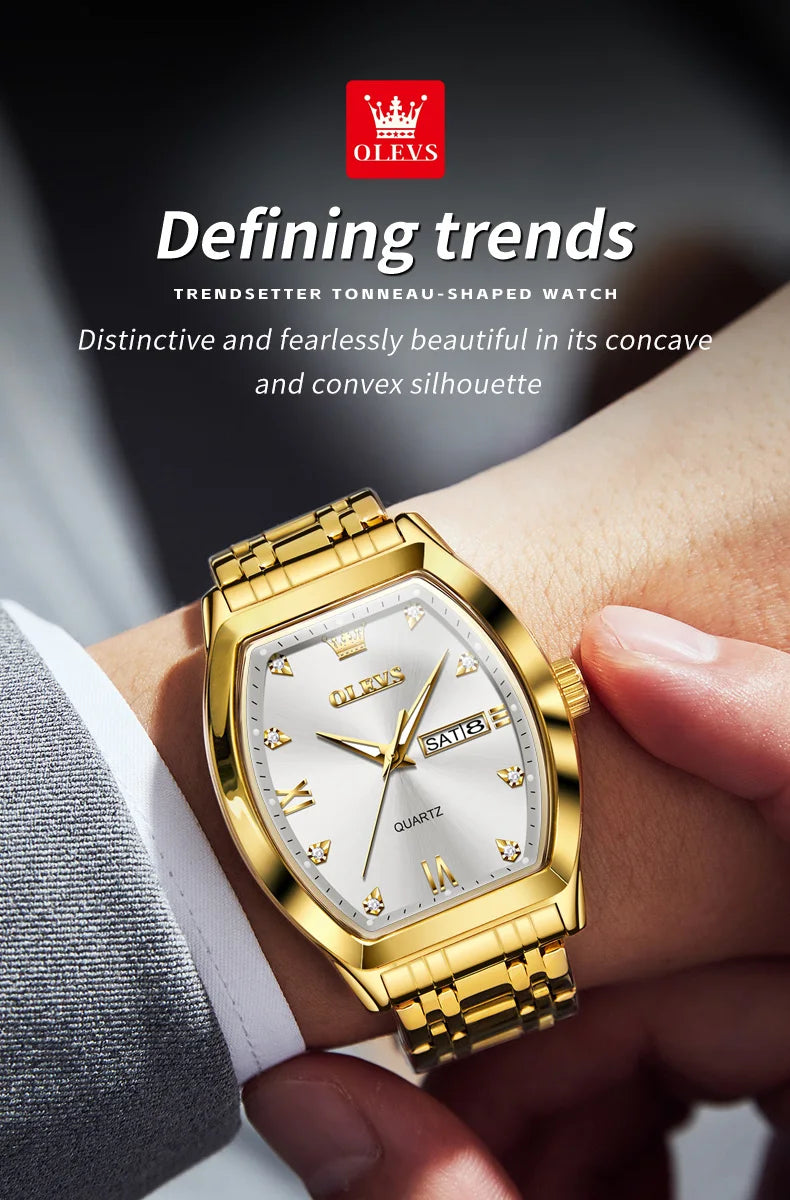 OLEVS Nouvelles montres pour homme Montres à quartz de luxe en or Montres classiques à cadran tonneau Montres à quartz étanches et luminescentes pour homme 5528