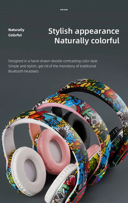 New Graffiti Wireless Overhead Headset with Mic LED Light LX-8686 High Quality TF Card Bluetooth Headphones for PC Gaming Child