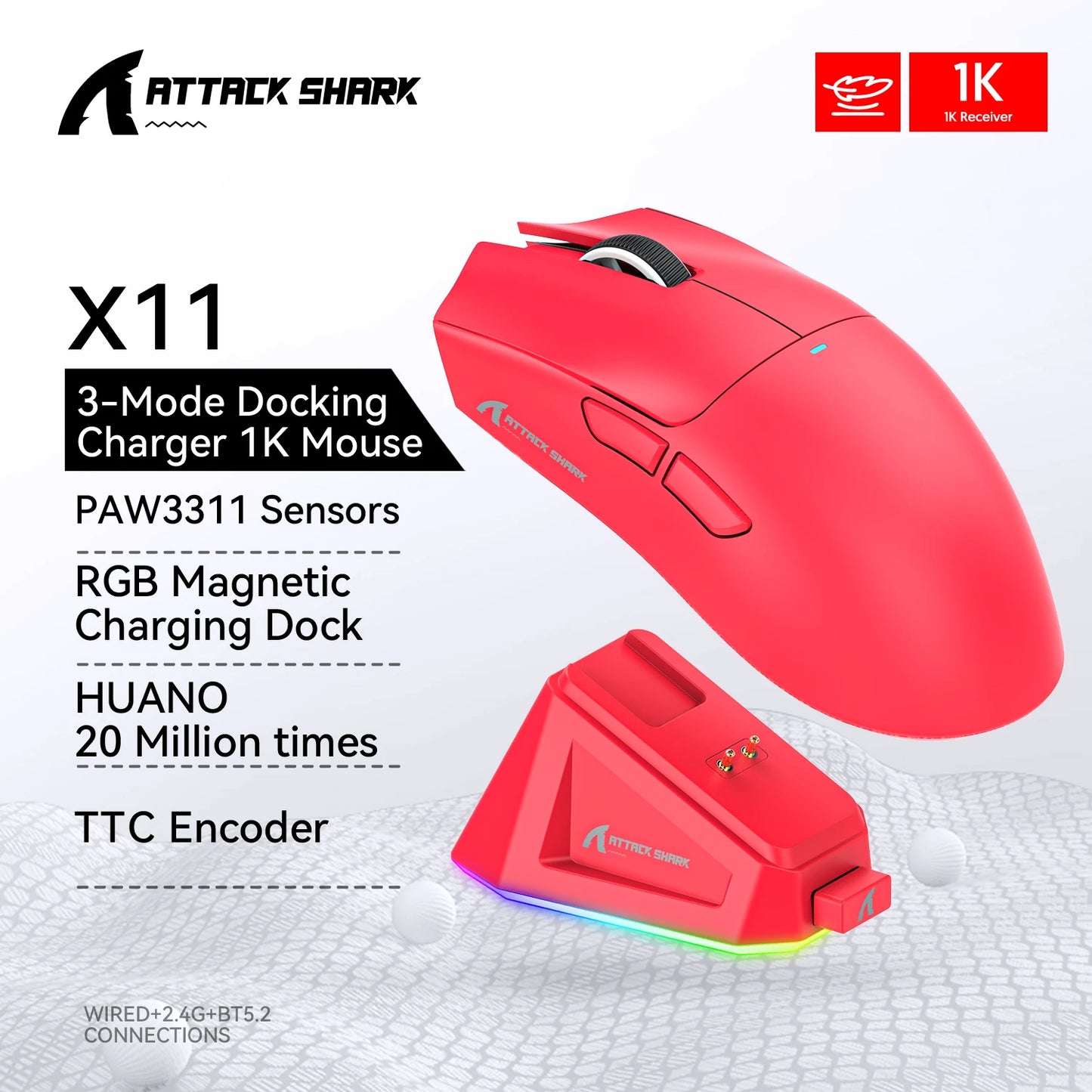 ATTACK SHARK X11 Tri-Mode Lightweight Gaming Mouse have PAW3311,22000DPI,400IPS,40G,59g,Magnetic Fast Charging,RGB backlight