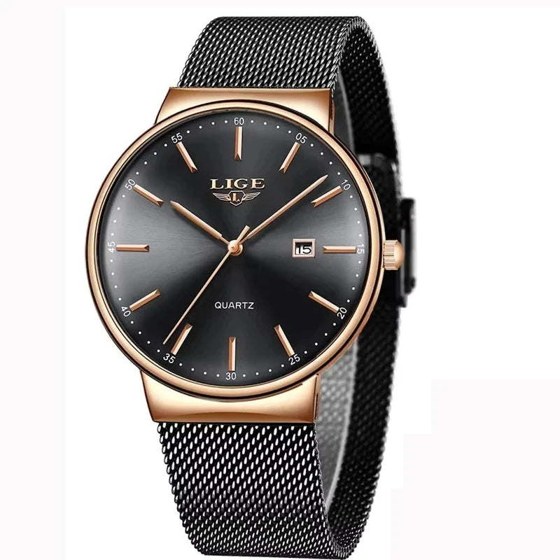 Orologio da uomo LIGE, modello elegante e lussuoso, ultrasottile, impermeabile, con bracciale a maglia, movimento al quarzo, datario e calendario – ideale per uno stile professionale.