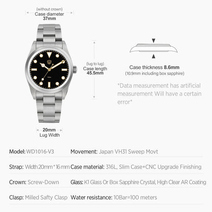 Watchdives WD1016 V3 37mm Watch VH31 Sweep Movement Stainless Steel Watches Luxury Sapphire 100m Waterproof Men Watch Box Gift