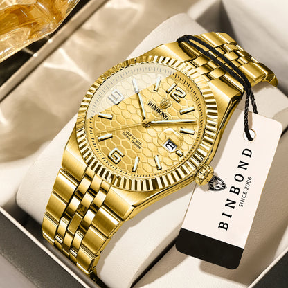 Luxus-Quarz-Armbanduhr von BINBOND, beleuchtet, wasserdicht, mit automatischem Datumsanzeige, für Herren, aus Edelstahl, im Business-, Sport-, Mode- und Freizeit-Stil.