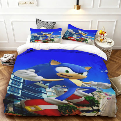 Cartoon Duvet Cover Set , Washable Cotton Bedding – S-Sonic-S The H-Hedgehog Movie Theme Student Bedroom Decor for All Seasons