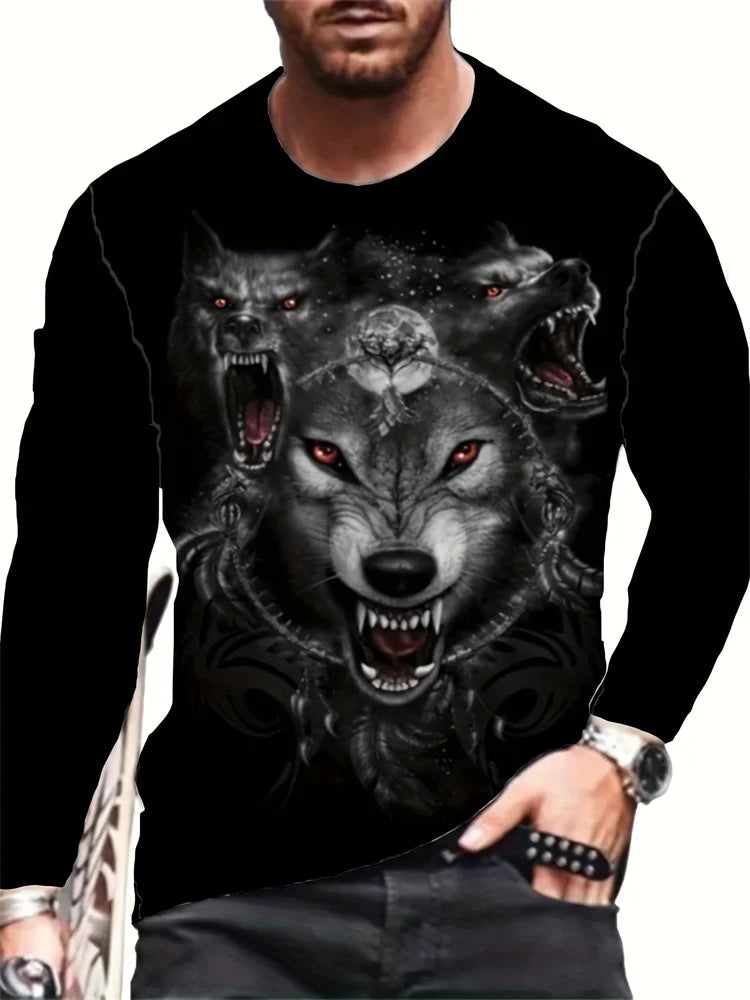 2024 New Wolf Print Men's Long Sleeve T-shirt Spring and Autumn Daily Casual Street Fashion Men's Long Sleeve T-shirt
