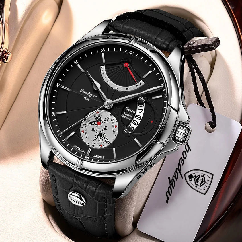 Orologio da polso al quarzo POEDAGAR da uomo – Stile business, di lusso, impermeabile, luminescente, con datario e cinturino in pelle – Elegante orologio da uomo