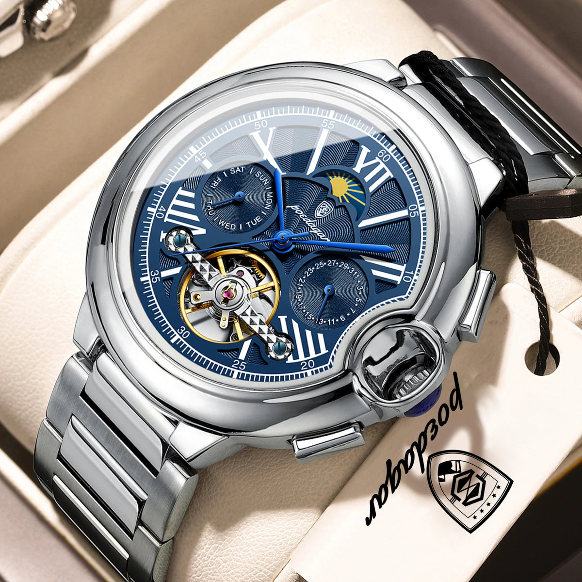 Orologio di lusso da uomo POEDAGAR – Modello meccanico a carica automatica con datario e indicatore del giorno, cinturino in pelle, tourbillon, impermeabile, stile elegante e professionale.