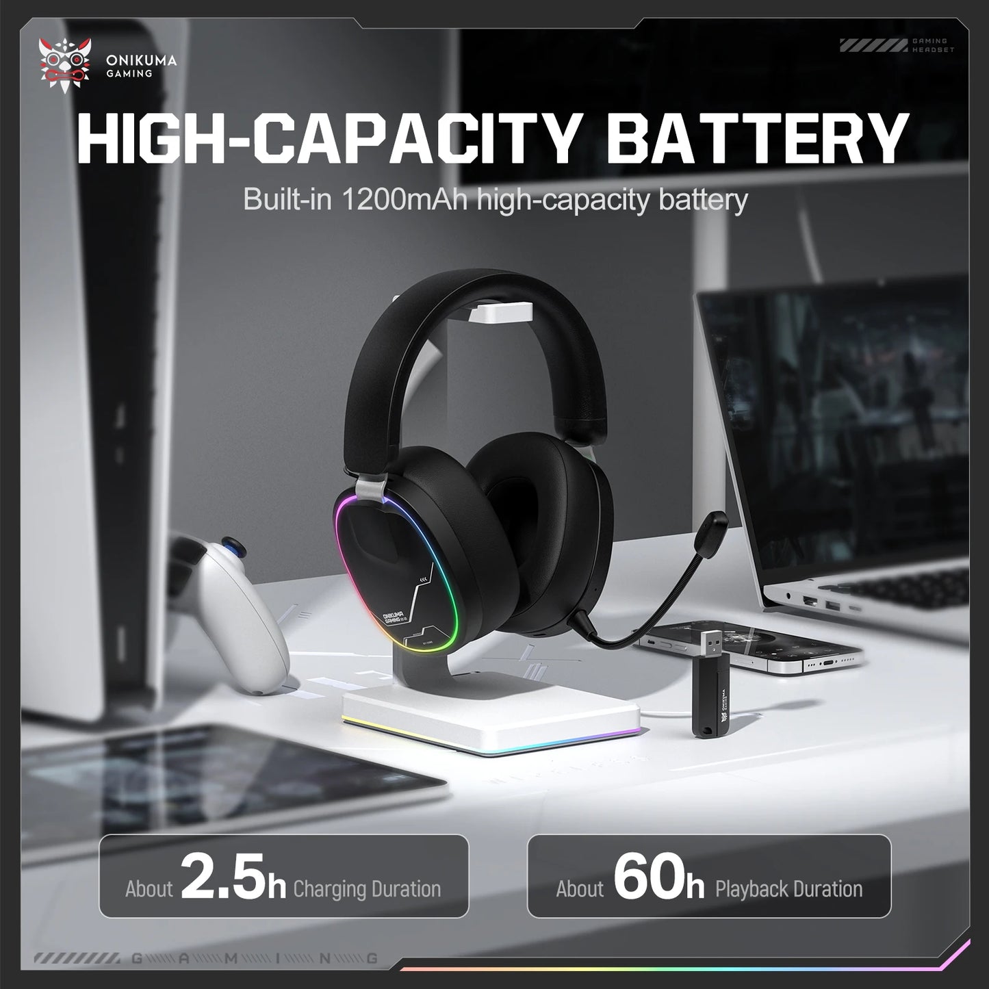 ONIKUMA Gt808 45dB Active Noise Canceling Wireless Headset | Hi-Res Audio, 1200mAh Battery 2.4GHz, Bluetooth, Wired