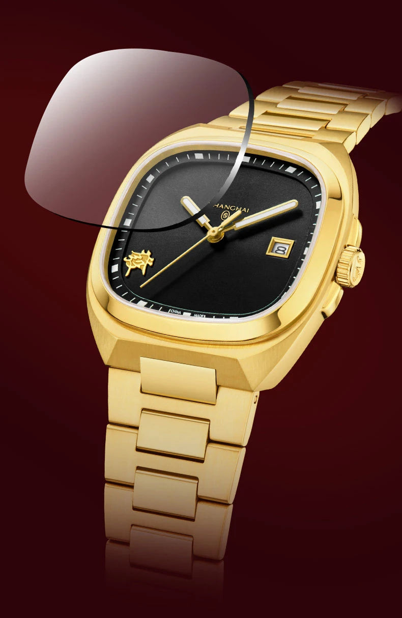 Montre mécanique vintage Shanghai Square, montre automatique pour homme en or 24 carats, boîtier de 38 mm, acier inoxydable 316L, montre-bracelet de luxe SH030