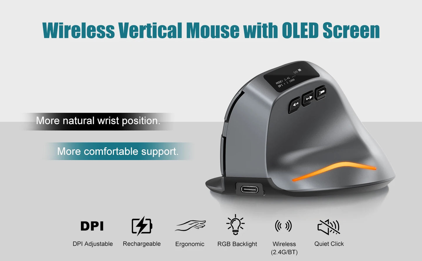 Lefon F26C Vertical Mouse Wireless with OLED Screen Bluetooth Ergonomic Mouse Optical Rechargeable Gaming Mice for PC Laptop