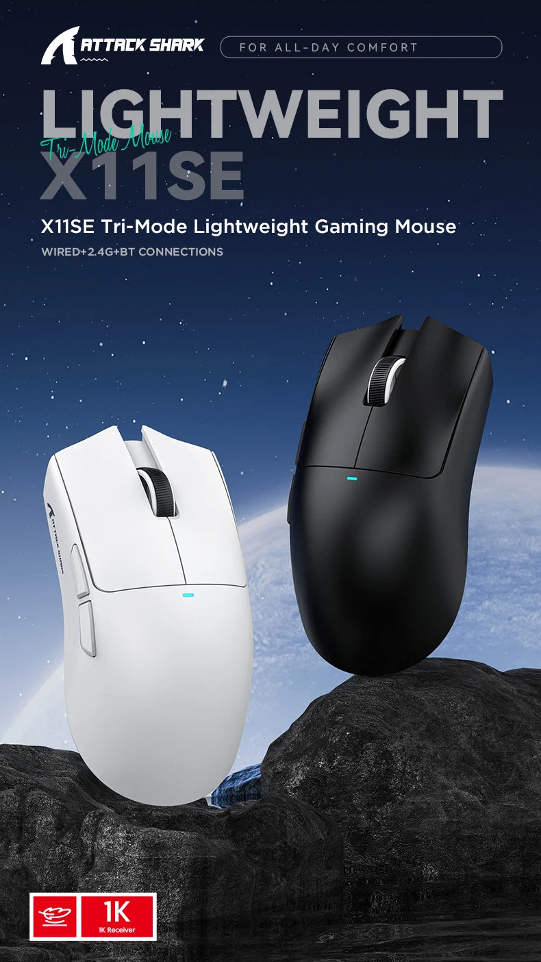 ATTACK SHARK X11SE Wireless Gaming Mouse, Tri-Mode, 63g Superlight With PAW3311 Sensor, 22000 DPI, 300mAh Battery, Dual Driver