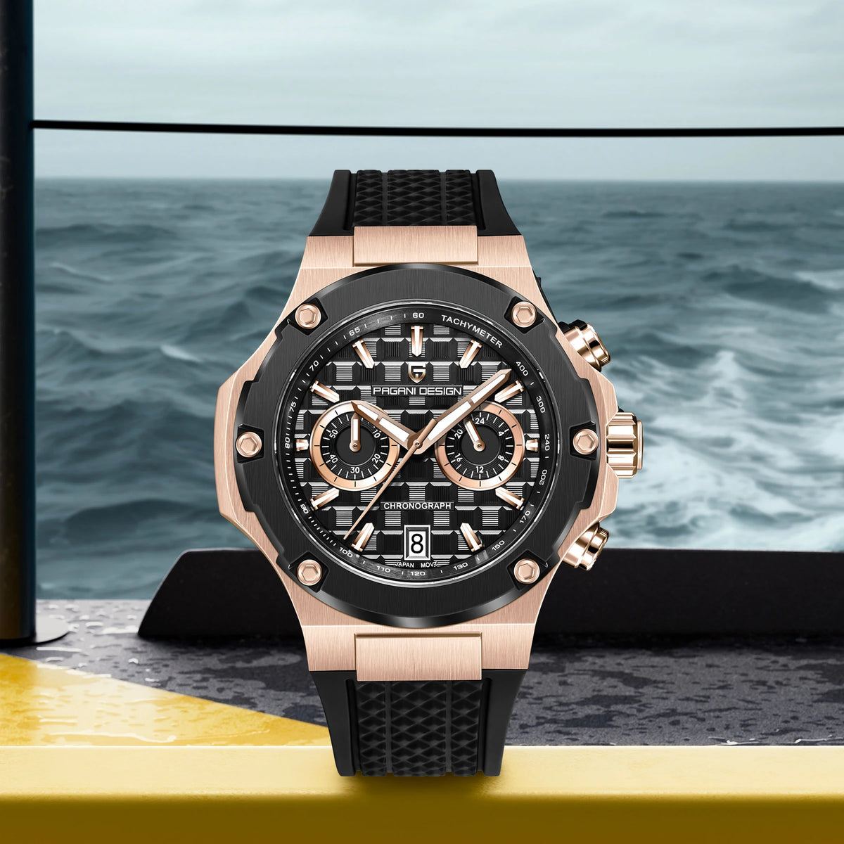 Orologio da uomo PAGANI DESIGN – Cronografo sportivo di lusso in oro rosa, dotato di un movimento al quarzo giapponese VK64 e di un cinturino in gomma fluorurata.