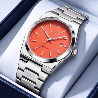 Orologio al quarzo da uomo CHRONOS – Cinturino in acciaio inossidabile, impermeabile, lancette luminescenti, datario – Ideale per il lavoro, lo sport o l’uso quotidiano