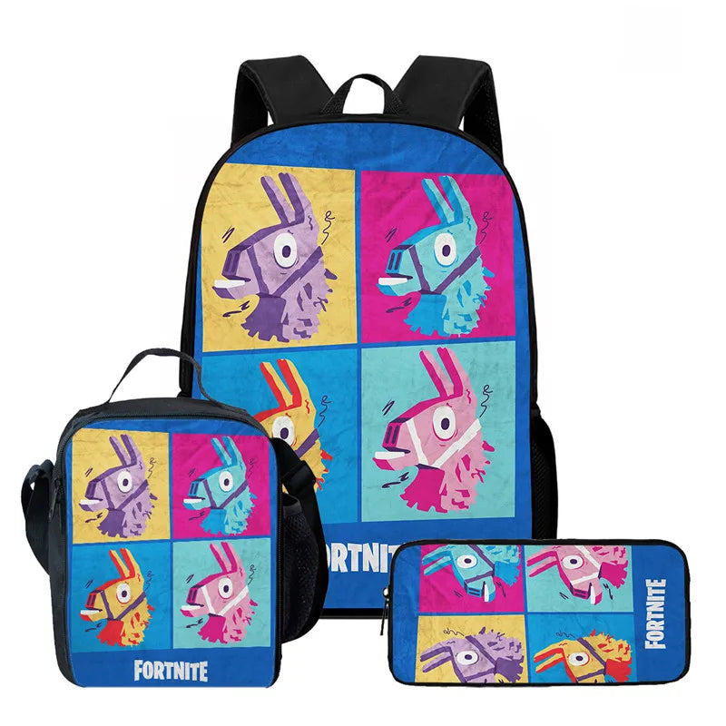 Fortnite Cartoon 3pcs Backpack Set for Boys Girls Unisex Including School Bag Lunch Bag Pencil Case Suitable for ages 5-8