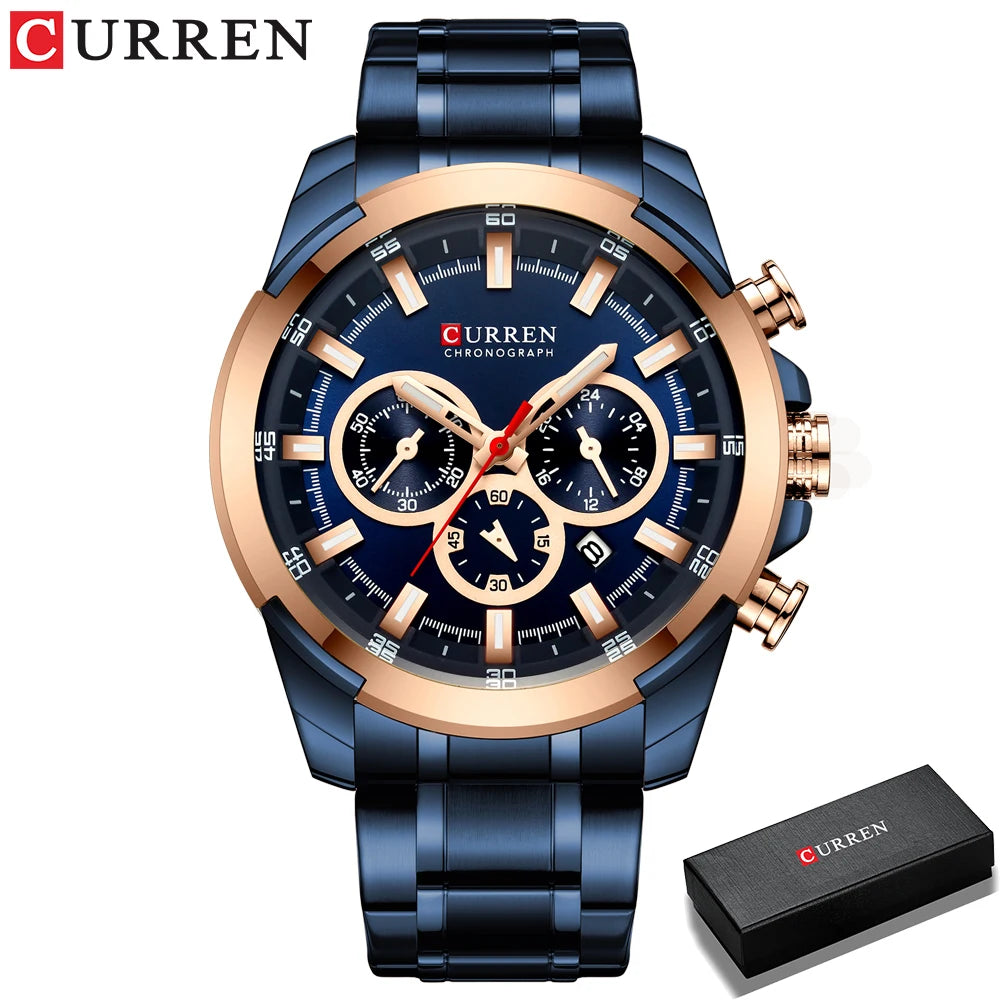 Orologio cronografo da uomo CURREN, quadrante grande da 48 mm, bracciale in acciaio inossidabile, tre contatori, orologio da polso sportivo al quarzo, stile lussuoso