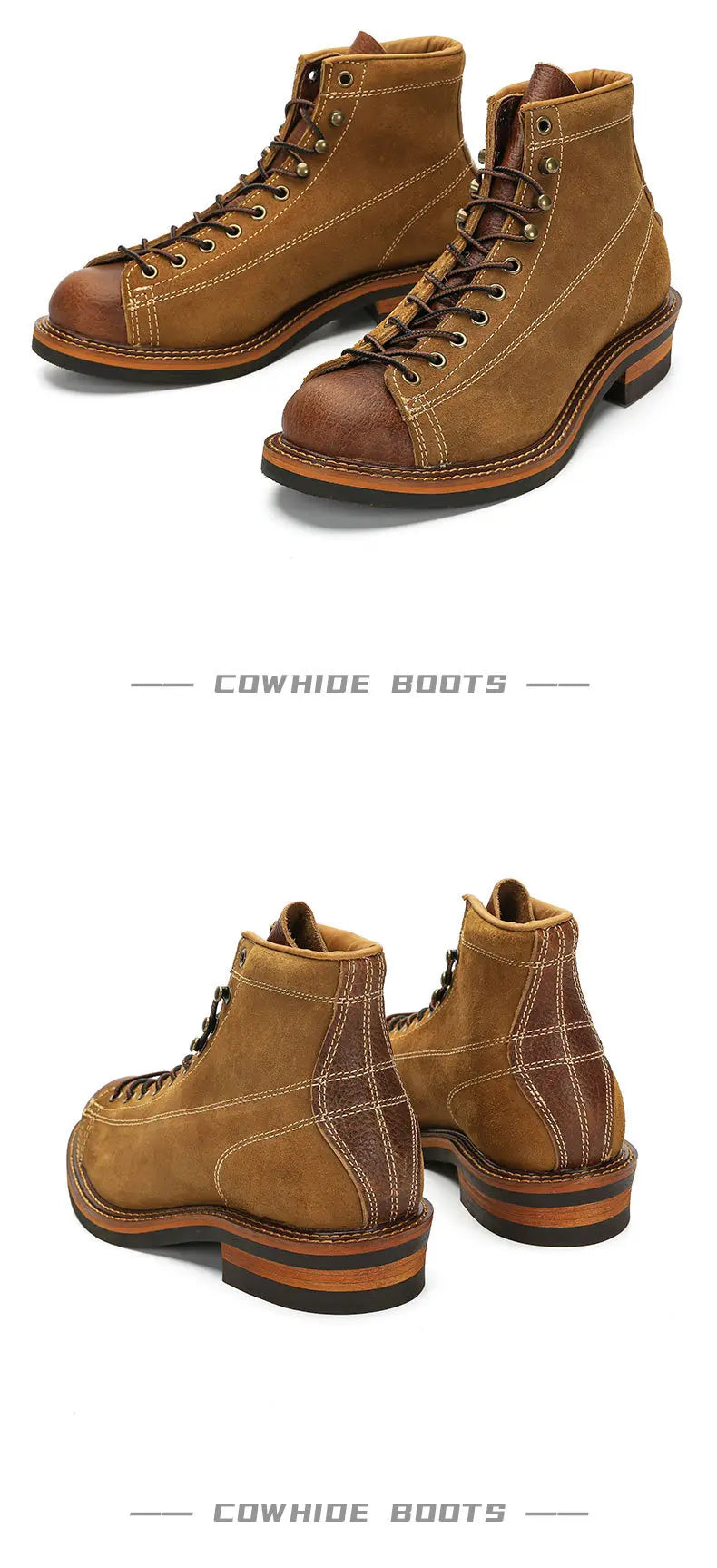KOWM Cowhide Hiking Shoes Men's Walking Boot British Trekking Shoes Thick-Soled Cowhide High-Top Motorcycle Boots Ankle Sneakers