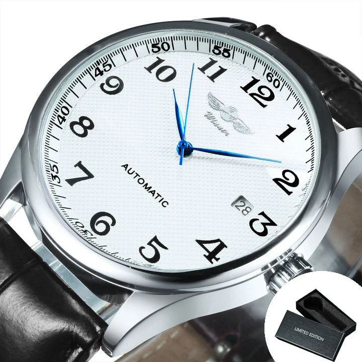 Orologio da uomo WINNER – Stile classico, retrò ed elegante – Orologio meccanico a carica automatica con calendario – Marchio di lusso, cassa in acciaio e cinturino in pelle