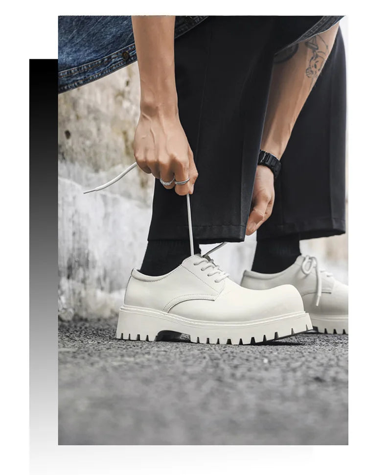 Thick Sole Casual Genuine Leather Dress Shoes Men Platform Heighten Japan Harajuku Korean Streetwear Fashion Shoes White