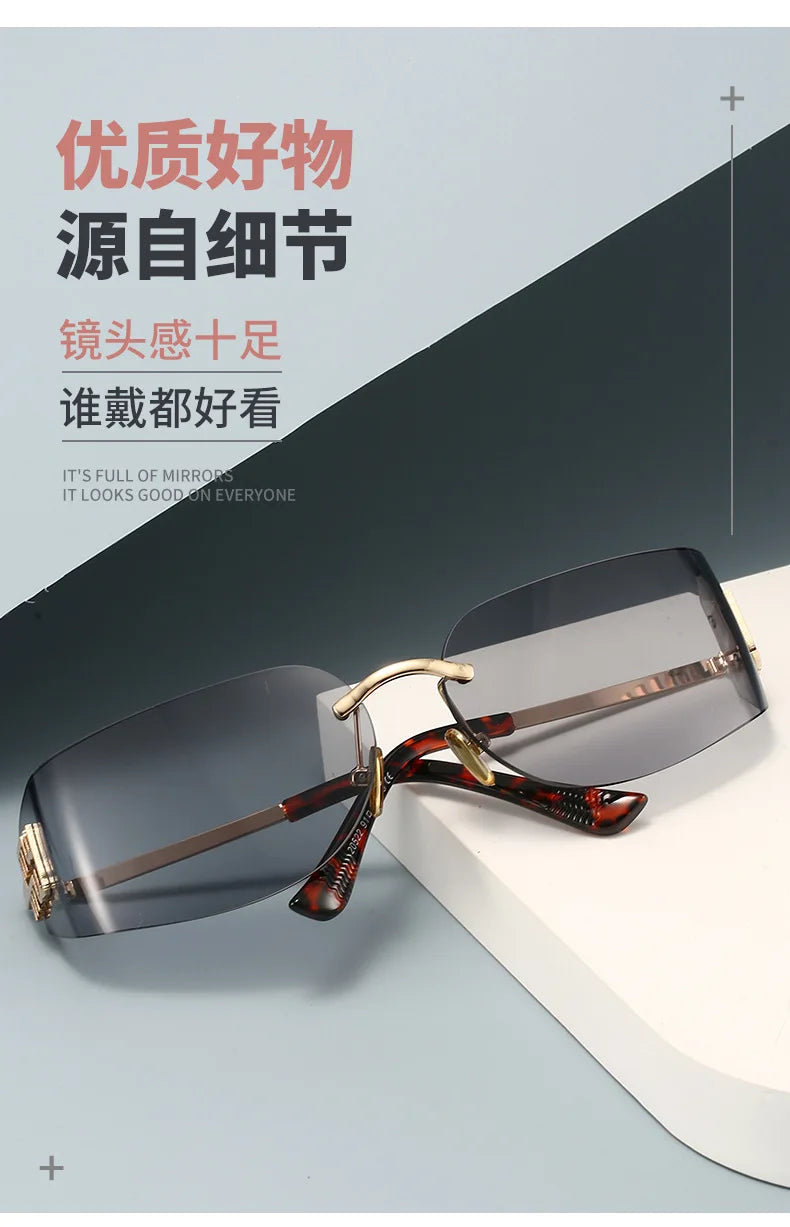 High End Sunglasses Women Rimless Curved Sun Glasses for Eye Protection and Sunscreen Travelling Hiking Shades Gafas