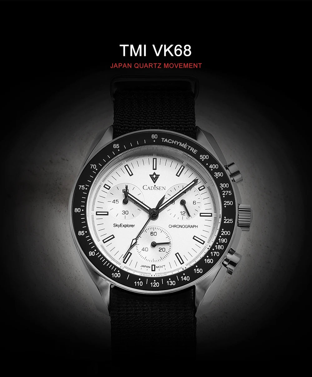 CADISEN Neue Herrenuhren Luxuriöse Quarz-Armbanduhr für Herren Saphirglas mit AR-Beschichtung Canvas VK68 Speed Chronograph Automatik