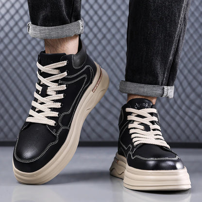2026 New Mens Genuine Leather Walking Shoes Fashion Outdoor Thick Bottom Antiskid Vulcanized Shoes Comfy Casual Leather Flats