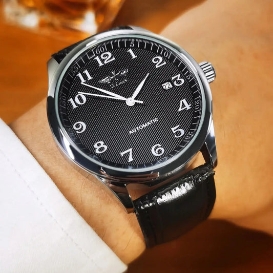 Orologio da uomo WINNER – Stile classico, retrò ed elegante – Orologio meccanico a carica automatica con calendario – Marchio di lusso, cassa in acciaio e cinturino in pelle