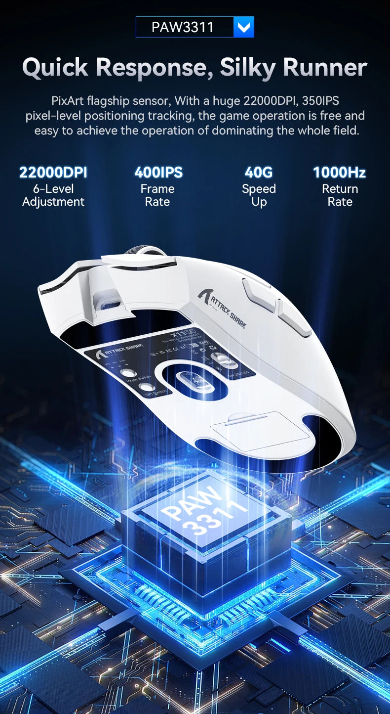 ATTACK SHARK X11 SE Wireless Gaming Mouse 22000 DPI,PixArt PAW3311 Sensor,BT/2.4G/Wired,59g Lightweight,2000W Clicks