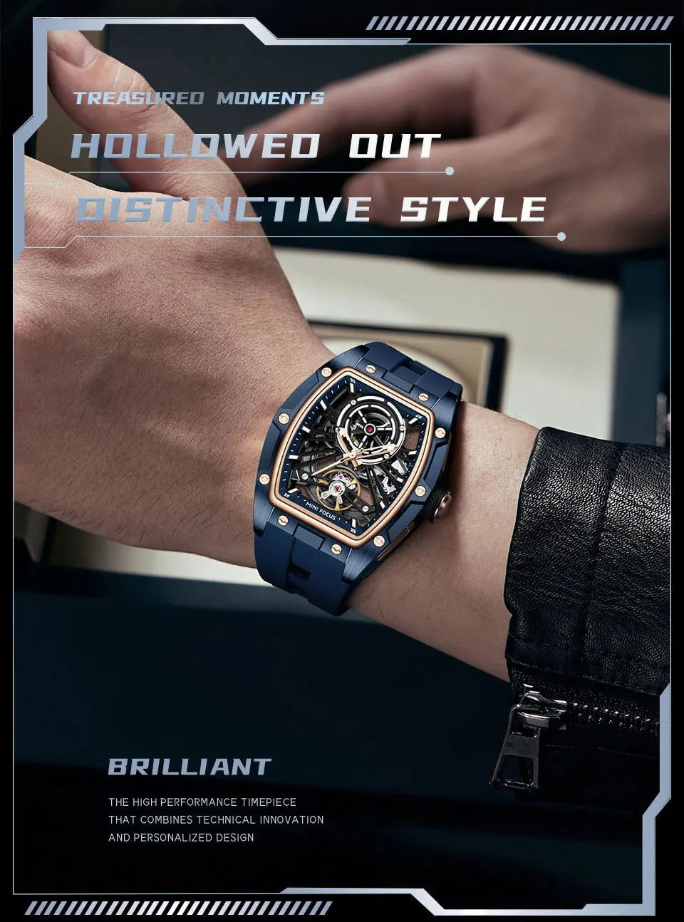 Reloj de pulsera MINI FOCUS para hombre, negro, a la moda, resistente al agua, mecánico automático, con manecillas luminosas, correa de silicona y esfera tonneau