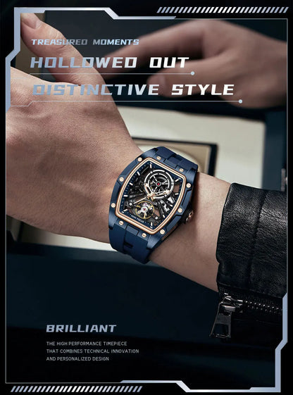 Reloj de pulsera MINI FOCUS para hombre, negro, a la moda, resistente al agua, mecánico automático, con manecillas luminosas, correa de silicona y esfera tonneau