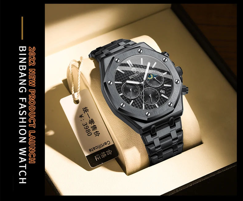 Montre-bracelet à quartz BINBOND pour homme, chronographe de luxe luminescent, en acier inoxydable, étanche, avec date et calendrier