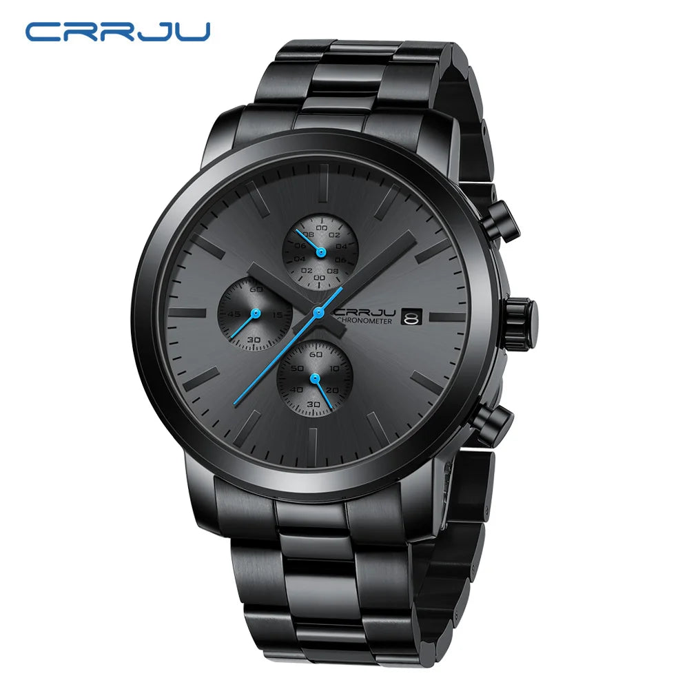 Orologio da uomo CRRJU – Cronografo in acciaio inossidabile, impermeabile, con datario, movimento al quarzo analogico, stile elegante e professionale