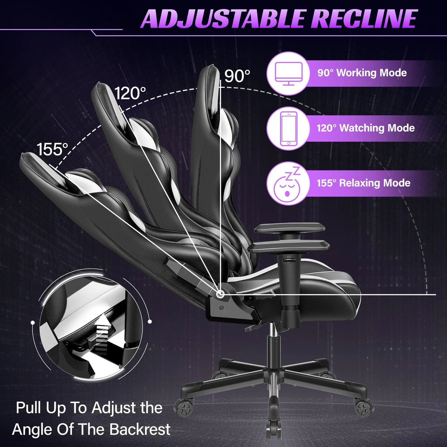 Gaming Chair, Ergonomic Game Chair, Multi-Level Adjustable, Swivel Home Office Chair, Black & White