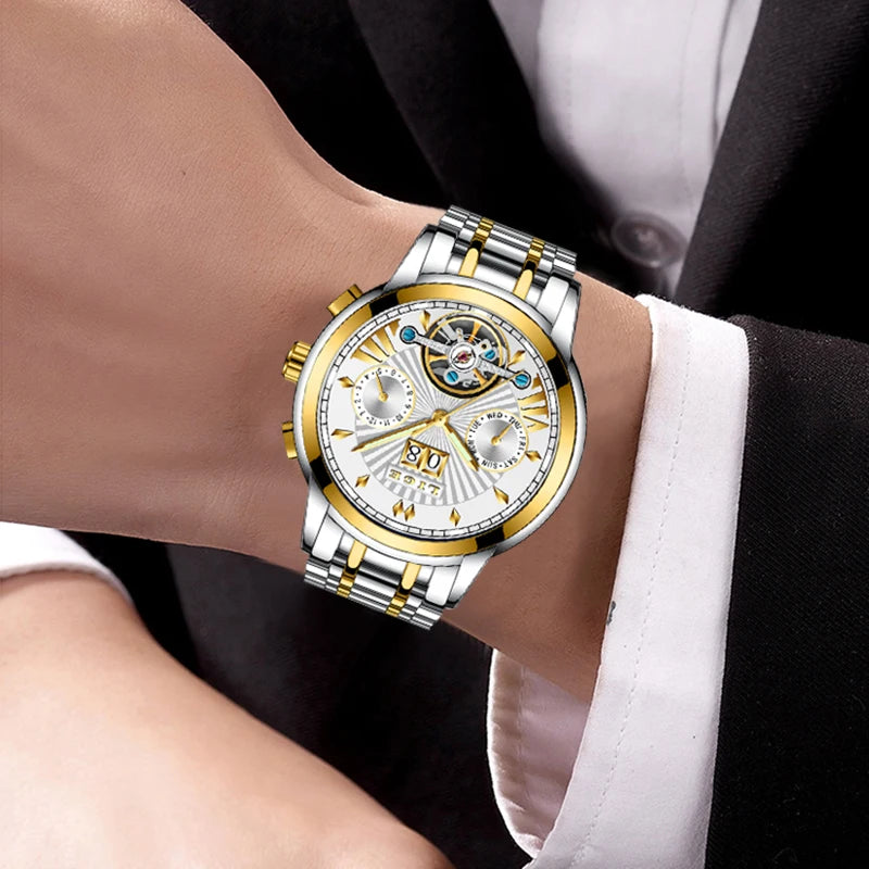 Męskie zegarki mechaniczne z automatycznym mechanizmem marki LIGE – luksusowy zegarek z najwyższej półki z tourbillonem, elegancki i wodoodporny, idealny do pracy lub na uroczyste okazje.