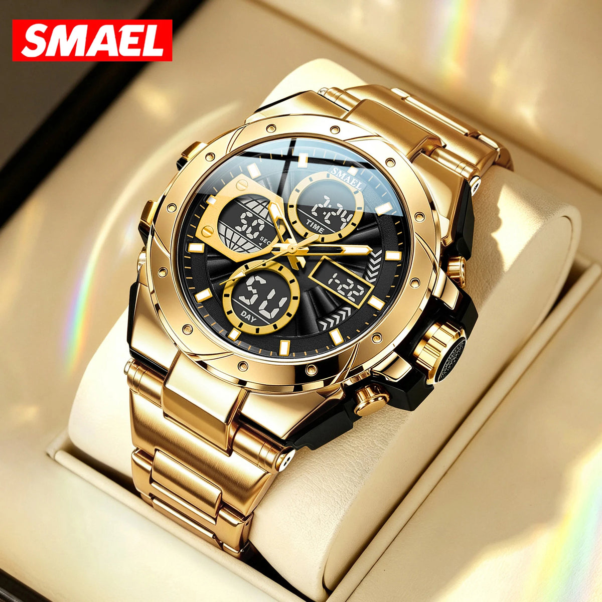 Herrenuhr SMAEL 8160 – Militär-Sportmodell, analog und digital, aus Edelstahl – Wasserdicht, mit LED-Anzeige, Wecker, Chronograph und Stoppuhr