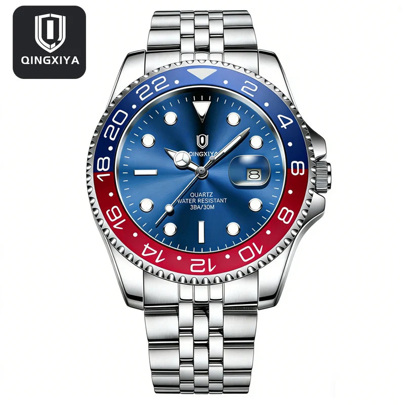 QINGXIYA Montres de luxe à quartz pour homme en acier inoxydable, étanches, avec date luminescente, montre-bracelet pour homme, reloj hombre