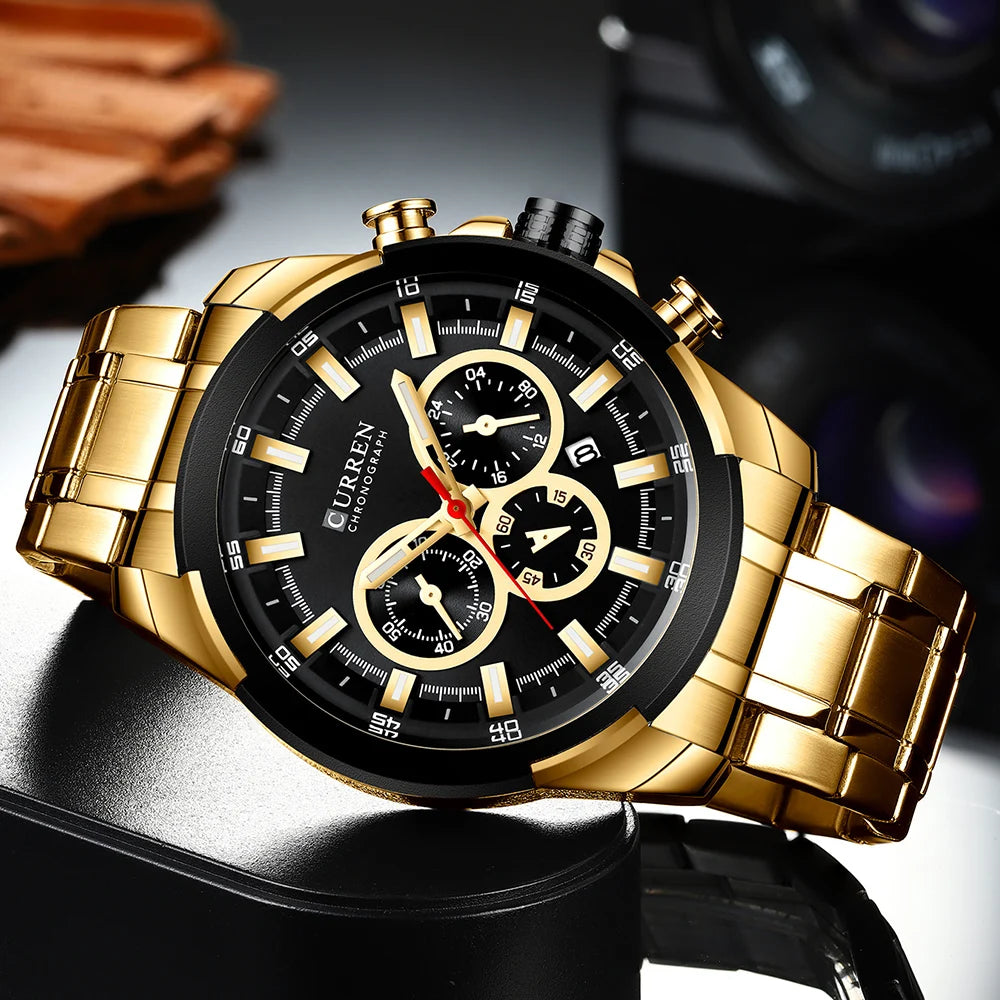 Orologio cronografo da uomo CURREN, quadrante grande da 48 mm, bracciale in acciaio inossidabile, tre contatori, orologio da polso sportivo al quarzo, stile lussuoso